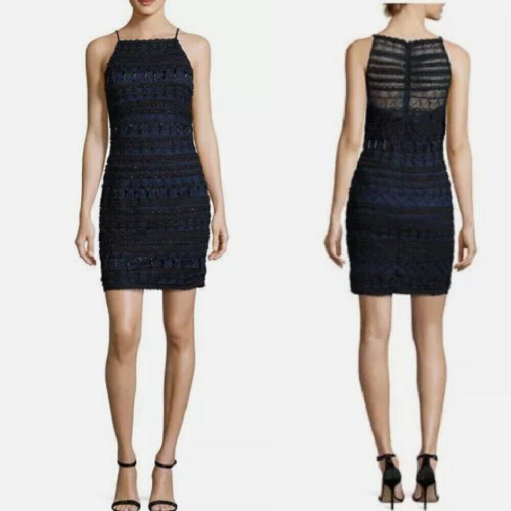 Aidan Mattox Black Twilight Geometric Beaded Illusion Sheath Halter Dress, Sz 6